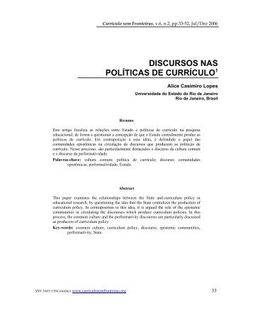 DISCURSOS NAS POLÍTICAS DE CURRÍCULO - Currículo sem ...