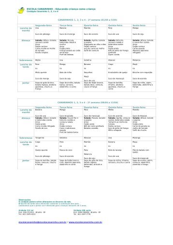 Cardápio Canarinhos 1, 2 e 3 (PDF) - Escola Canarinho