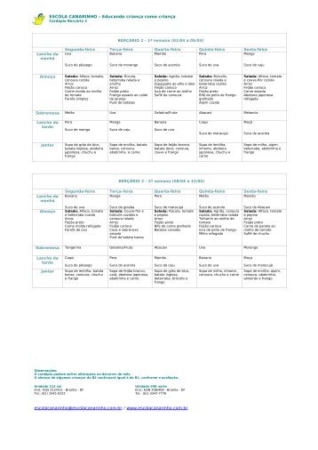 Cardápio Berçário 2 (PDF) - Escola Canarinho