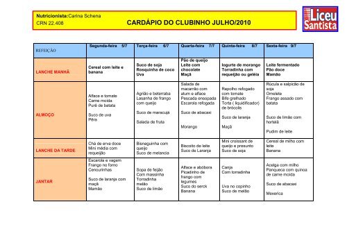 CARDÁPIO DO CLUBINHO JULHO/2010 - Unisantos