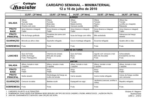 Cardápio Semanal - Mini - 12-07-10 à 06-08-10 - Ning