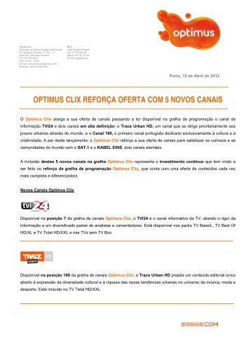 OPTIMUS CLIX REFORÇA OFERTA COM 5 NOVOS CANAIS