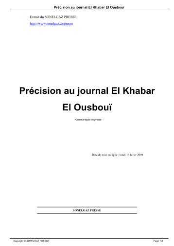 Précision au journal El Khabar El Ousbouï - Sonelgaz