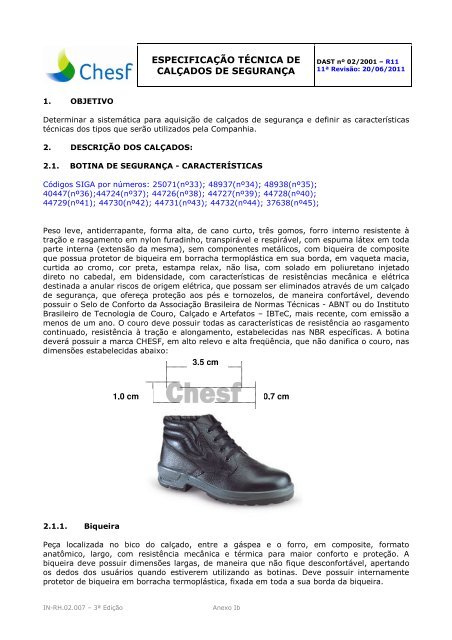 especificação técnica de calçados de segurança - Chesf