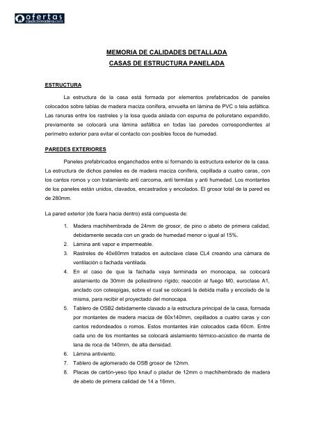 Memoria De Calidades Casas De Estructura Panelada