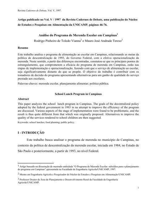 Análise do Programa de Merenda Escolar em Campinas - Unicamp