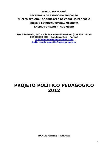 Projeto Político Pedagógico - PPP - COLÉGIO ESTADUAL COSTA