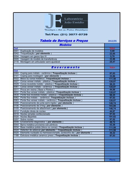 Tabela de Preços e Protocolo de Envio