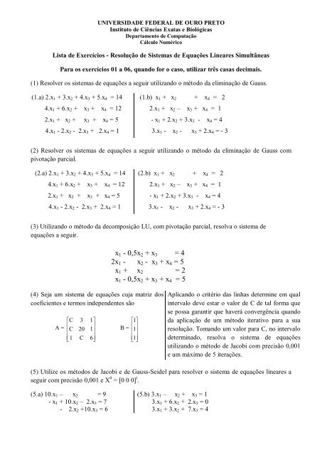 Lista de Exercícios - Resolução de Sistemas de Equações ... - Decom