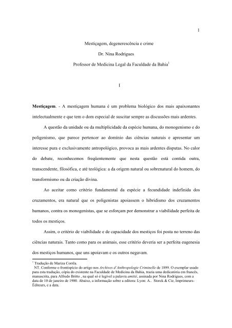 1 Mestiçagem, degenerescência e crime Dr. Nina Rodrigues ...