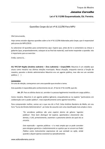 Questões do Cespe/UnB sobre a Lei nº 8.112 para ... - Editora Ferreira