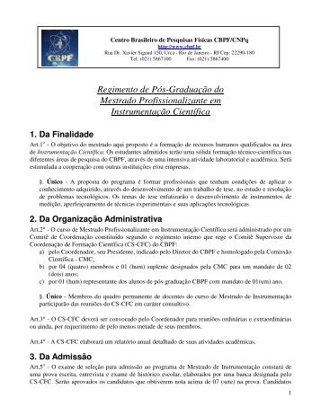 Regimento de Pós-Graduação do Mestrado Profissionalizante - CBPF