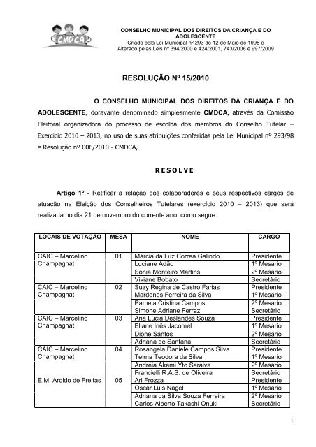 15-2010-CMDCA-Resolução Lista Mesários-Em SUBSTITUIÇÃO a ...