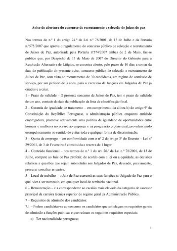 1 Aviso de abertura do concurso de recrutamento ... - Julgados de Paz