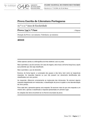 Prova Escrita de Literatura Portuguesa