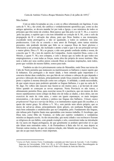 Carta de Antônio Vieira a Roque Monteiro Paim (2 de julho de 1691 ...