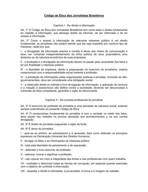 Código de Ética dos Jornalistas Brasileiros - Fenaj