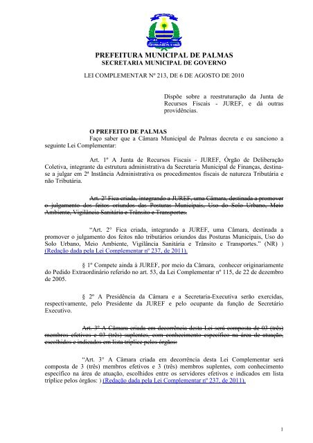 lei complementar nº 213, de 6 de agosto - Prefeitura de Palmas