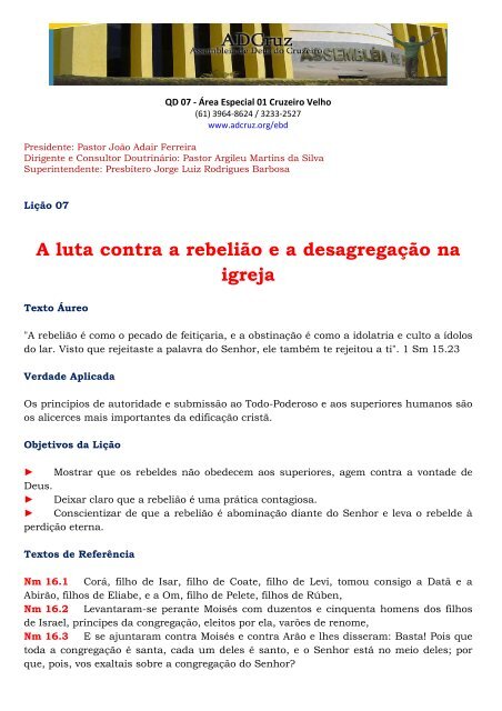 A luta contra a rebelião e a desagregação na igreja - Assembleia de ...