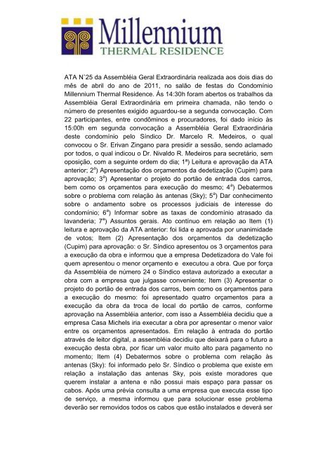 ATA N˚25 da Assembléia Geral Extraordinária ... - Cond. Millennium