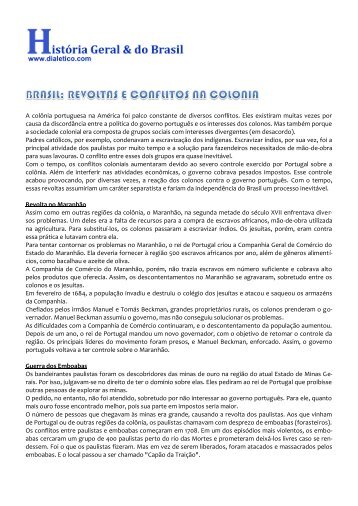 REVOLTAS E CONFLITOS NA COLÔNIA - dialetico.com