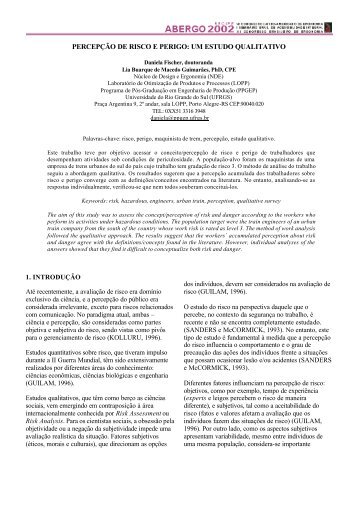 percepção de risco e perigo: um estudo qualitativo - Engenharia de ...