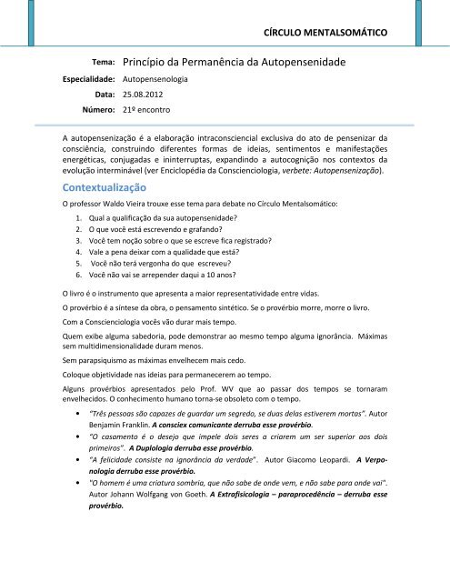 21º encontro – Princípio da Permanência da Autopensenização