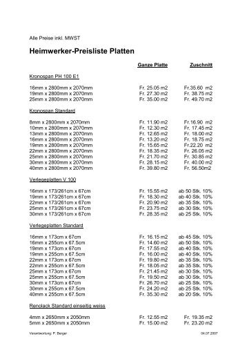Heimwerker-Preisliste Platten - Zehnder Holz + Bau AG