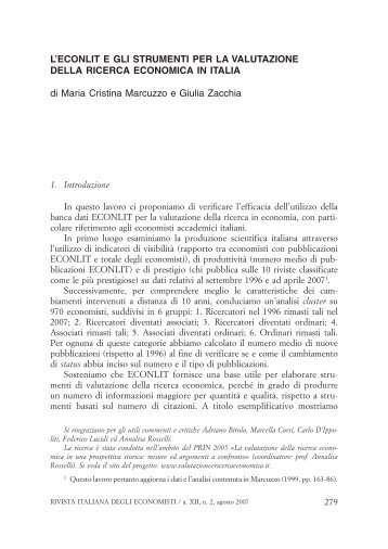 L'EconLit e la valutazione della ricerca economica in Italia
