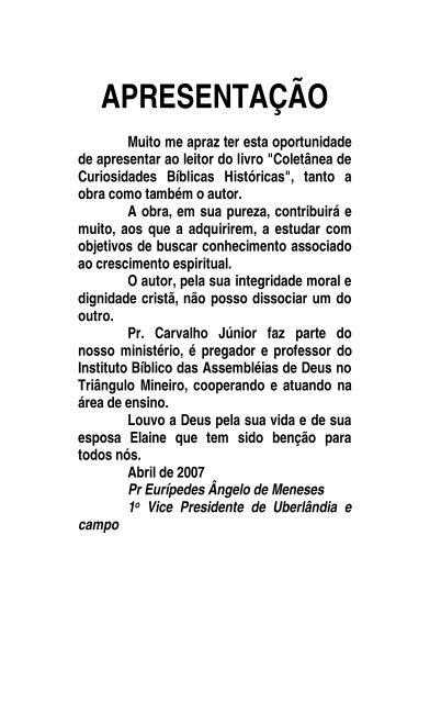 Coletânea de Curiosidades Bíblicas e Históricas - Carvalho Junior Pr.