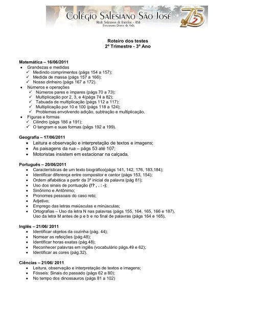 Roteiro dos testes 2º Trimestre - 3º Ano • Leitura e ... - Salesiano Natal