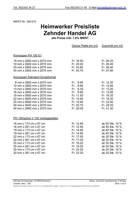 Heimwerker Preisliste Zehnder Handel AG - Zehnder Holz + Bau AG