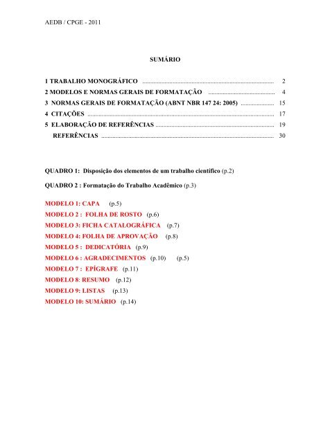 AEDB / CPGE - 2011 SUMÁRIO 1 TRABALHO MONOGRÁFICO ... AEDB / CPGE - 2011 SUMÁRIO 1 TRABALHO MONOGRÁFICO ...