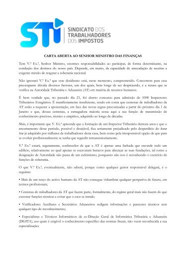 carta aberta - Sindicato dos Trabalhadores dos Impostos