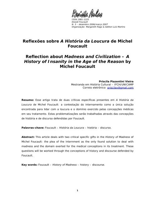 Reflexões sobre A História da Loucura de Michel Foucault - Unicamp
