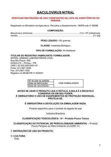 BACULOVIRUS NITRAL - Secretaria da Agricultura e Abastecimento