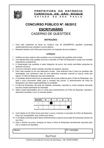 CONCURSO PÚBLICO Nº. 08/2012 ESCRITURÁRIO ... - São Roque