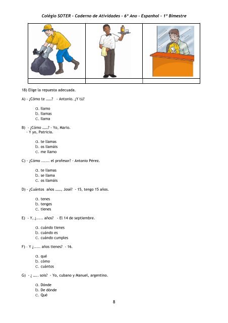 Colégio SOTER - Caderno de Atividades - 6º Ano - Espanhol - 1º ...