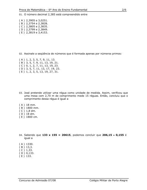 Prova de Matemática – 6º Ano do Ensino Fundamental