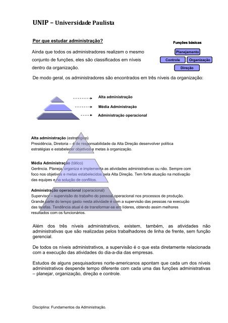 Quais são os três níveis da administração?