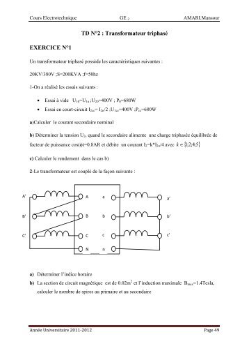 TD N°2 : Transformateur triphasé EXERCICE N°1 - Technologue pro