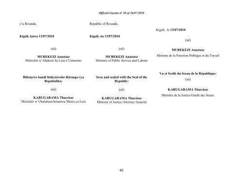 Igazeti ya Leta ya Repubulika y'u Rwanda Official Gazette ... - Mifotra