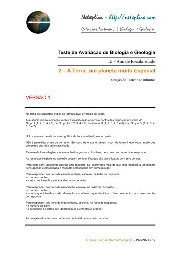 Teste de Avaliação de Biologia e Geologia - 10/11 (Anos ... - Netxplica