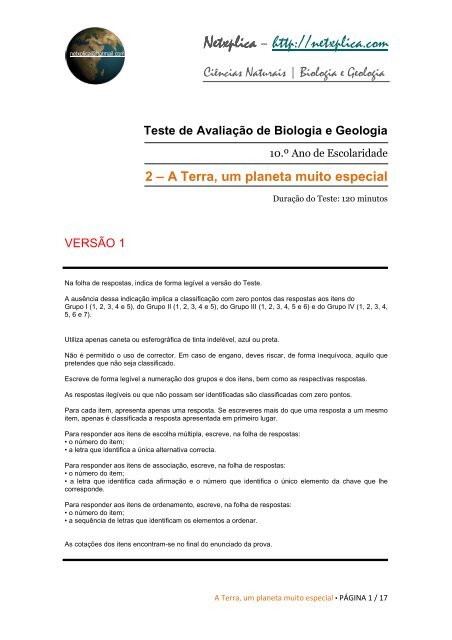 Teste de Avaliação de Biologia e Geologia - 10/11 (Anos ... - Netxplica