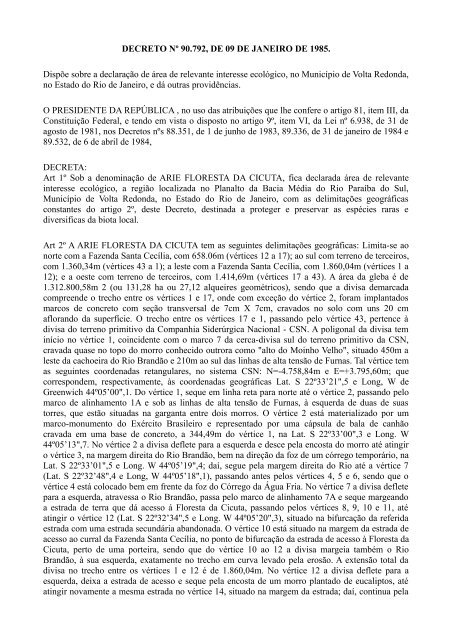 DECRETO Nº 90.792, DE 09 DE JANEIRO DE 1985 ... - ICMBio