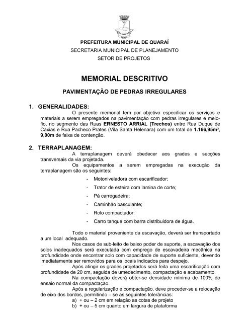 MEMORIAL DESCRITIVO - Prefeitura Municipal de Quaraí