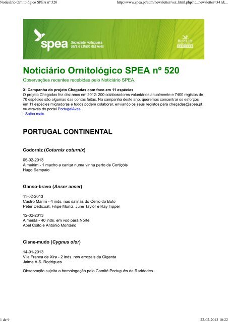 Noticiário Ornitológico SPEA nº 520