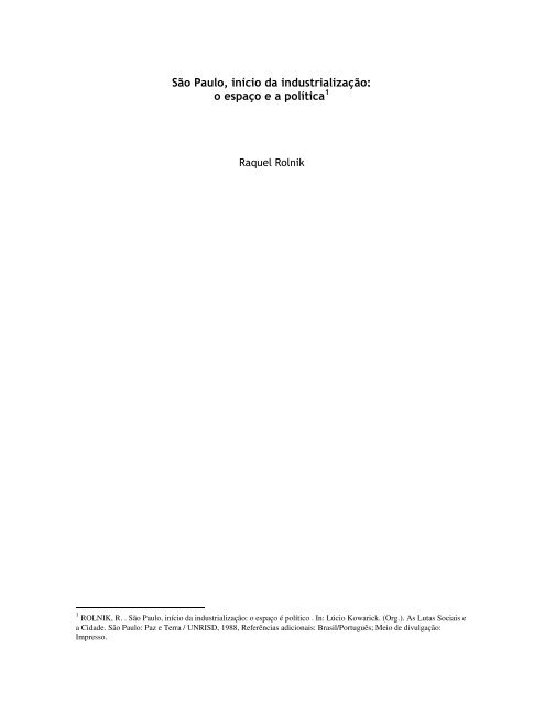 São Paulo, início da industrialização: o espaço e a ... - Raquel Rolnik