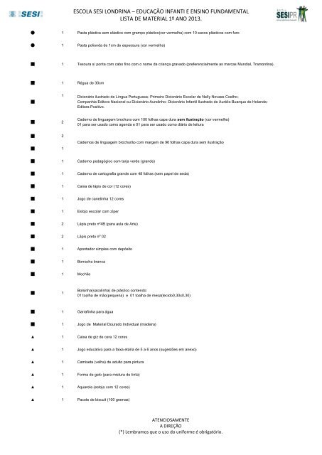 educação infanti e ensino fundamental lista de material 1º ... - SESI