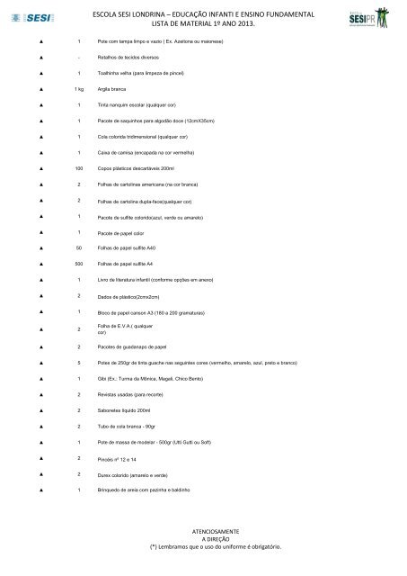 educação infanti e ensino fundamental lista de material 1º ... - SESI